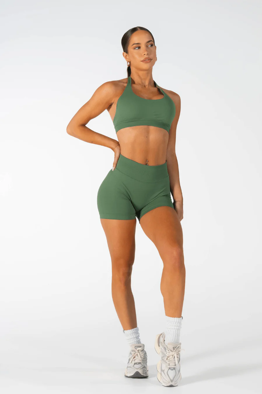 Club Athletica Flex Seamless Halter Sports Bra Army Green - Image 4